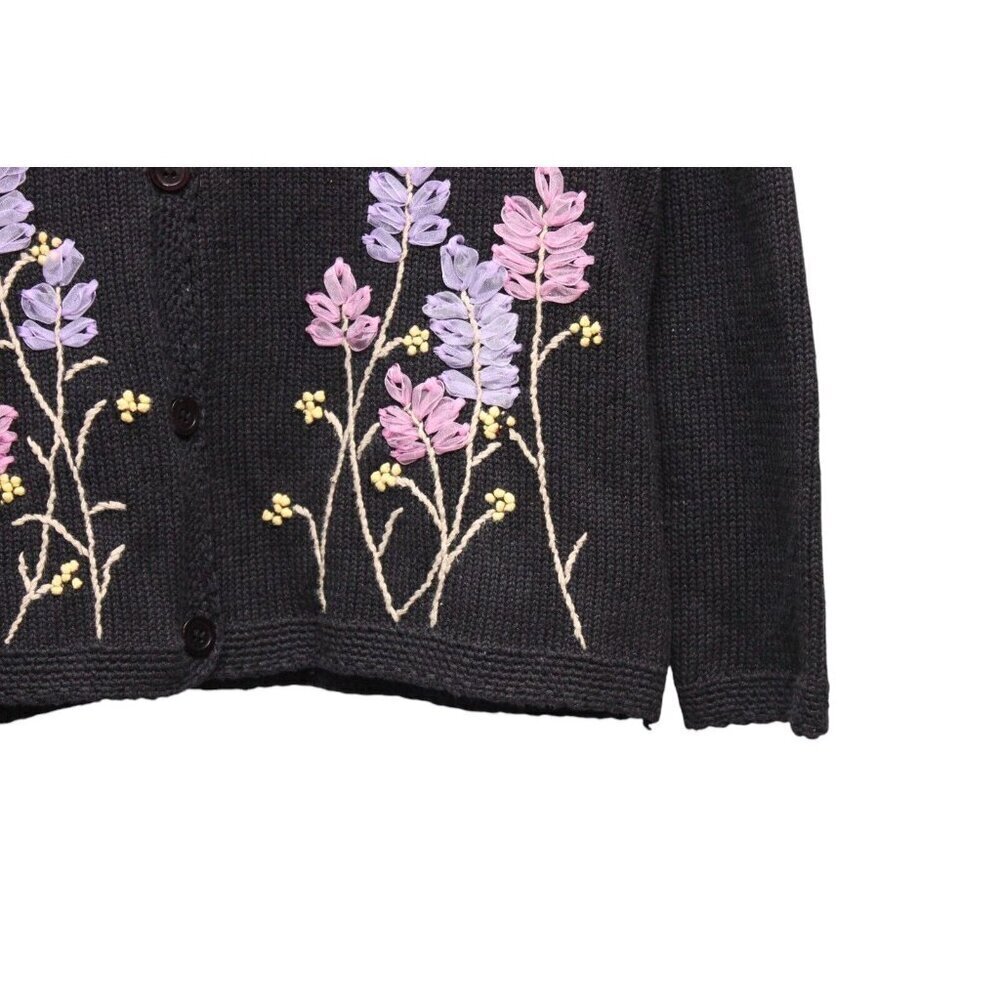 Vintage 90s Cardigan Sweater Size Large Floral Embroidered Grandmacore Ramie - Picture 7 of 14